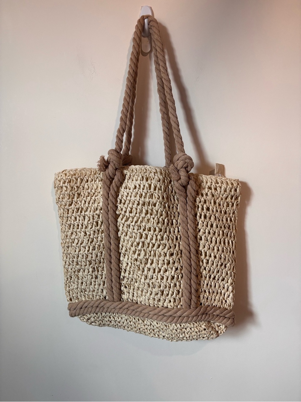 Fashion Nova Cream Straw Tote with Tan Rope Accents